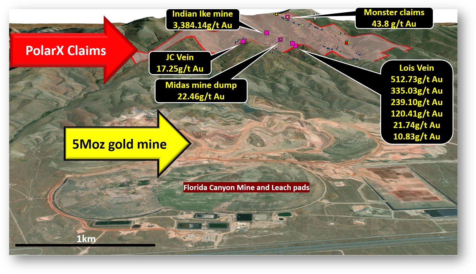 Florida-BC Oblique to SE with gold assays and arrows Florida-BC Oblique to SE with gold assays and arrows